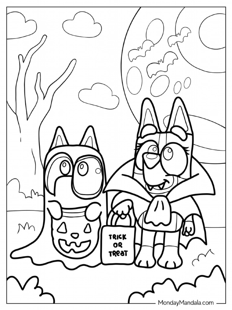 Coloring page of bluey and bingo in halloween costumes pdf