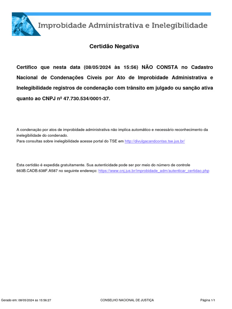 Certidão Negativa de Improbidade Administrativa | PDF | Finanças e ...