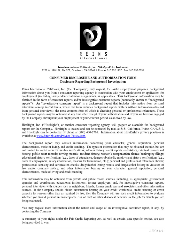 (CA) HireRight Background Authorization Form PDF Credit Bureau