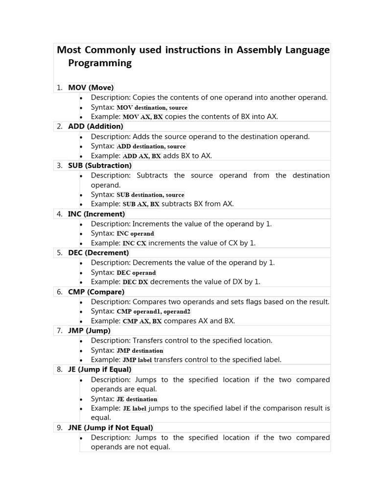 Assembly Language Instruction Guide | PDF | Control Flow | Assembly ...