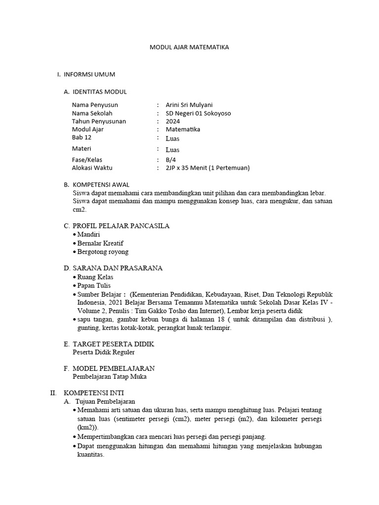 Modul Ajar Luas Matematika Kelas 4 | PDF | Karier & Perkembangan ...