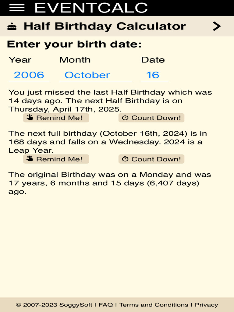 Half Birthday Calculator and More PDF