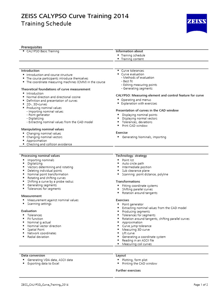 ZEISS CALYPSO Curve Training 2014 Download Free PDF Engineering