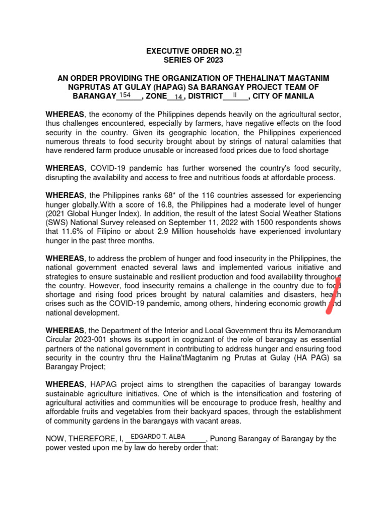 HAPAG Project Team Organization Order | PDF | Food Security | Hunger