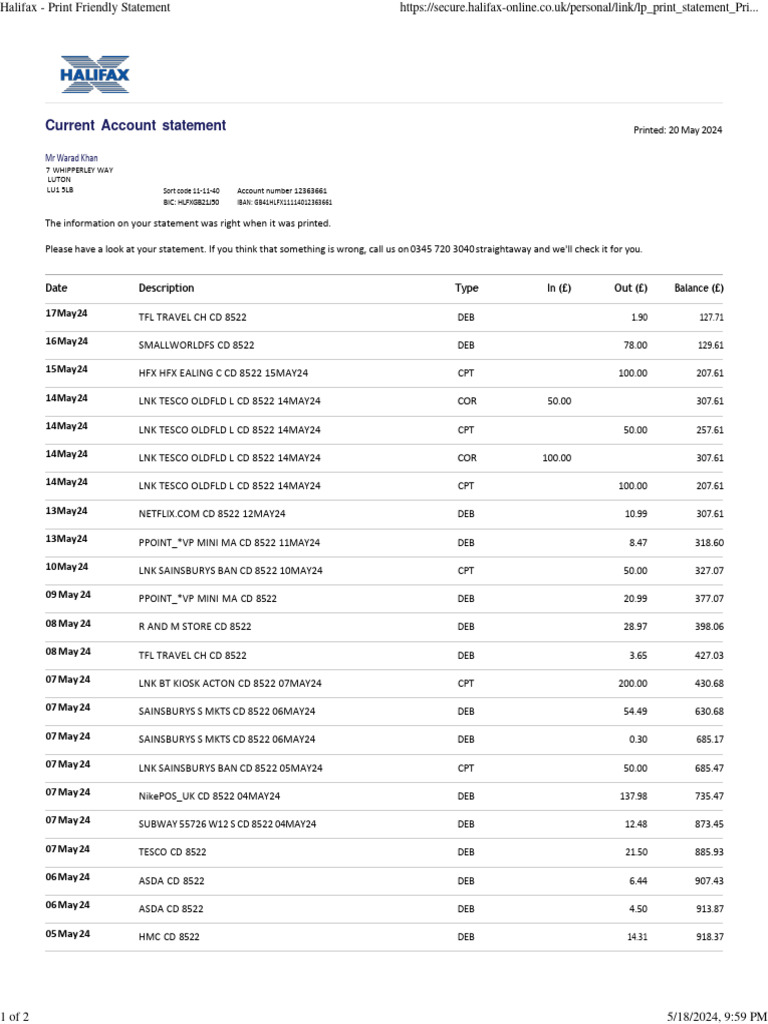 Halifax Account Statement Summary | PDF | Banking | Corporate Governance