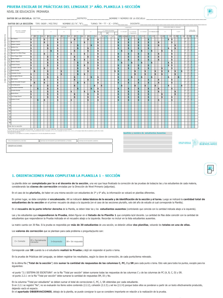 Planilla - 1 Sección 3to Año PL | PDF