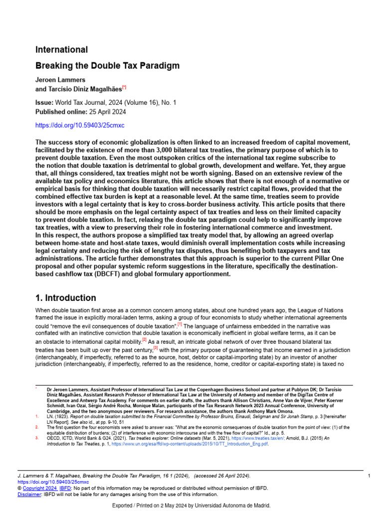 International Breaking The Double Tax Paradigm IBFD PDF Taxes