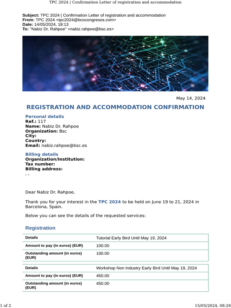 TPC 2024 Registration Confirmation Letter | PDF | Payments