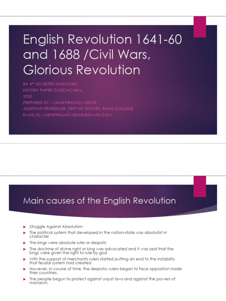 English Revolution 1641-60 and 1688 /civil Wars, Glorious Revolution ...