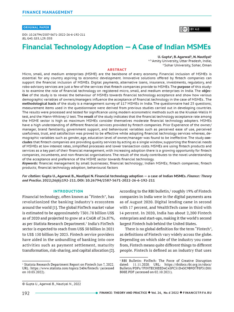 Fintech Adoption in Indian MSMEs | PDF | Small And Medium Sized ...
