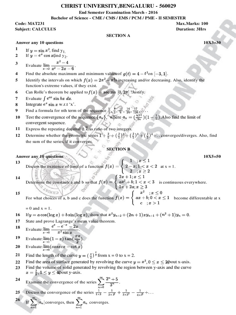 Calculus Exam Questions - Christ University | PDF | Limit (Mathematics ...