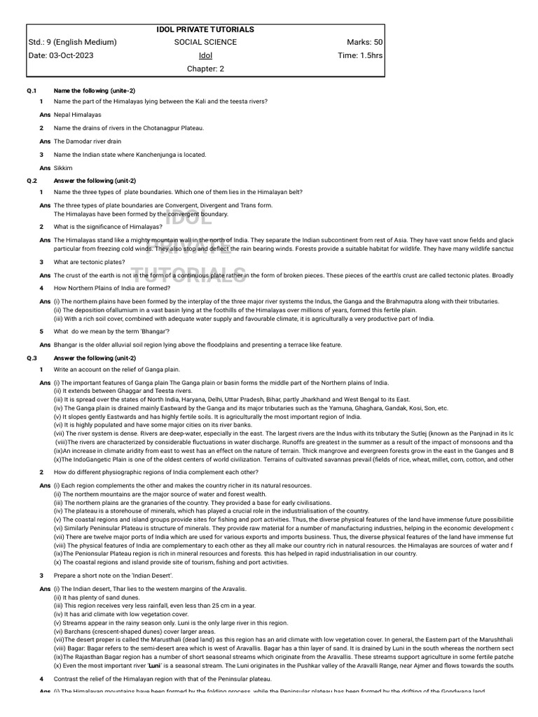 CBSE Geography Ans Chp2 | PDF | Himalayas | Indus River