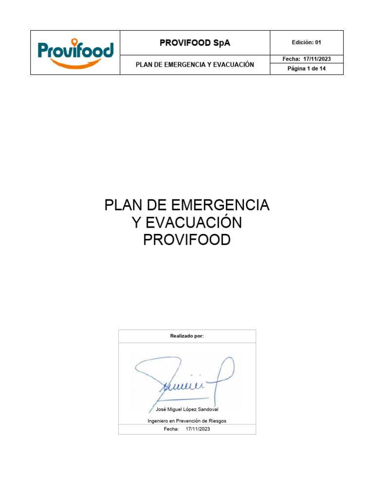 Plan de Emergencia y Evacuación PROVIFOOD | PDF | Incendios