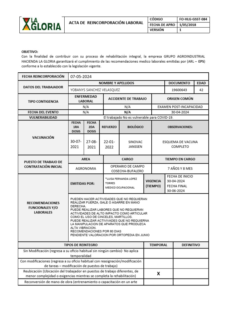 Acta de Reincorporación Laboral 2024 | PDF | Gestión de recursos ...