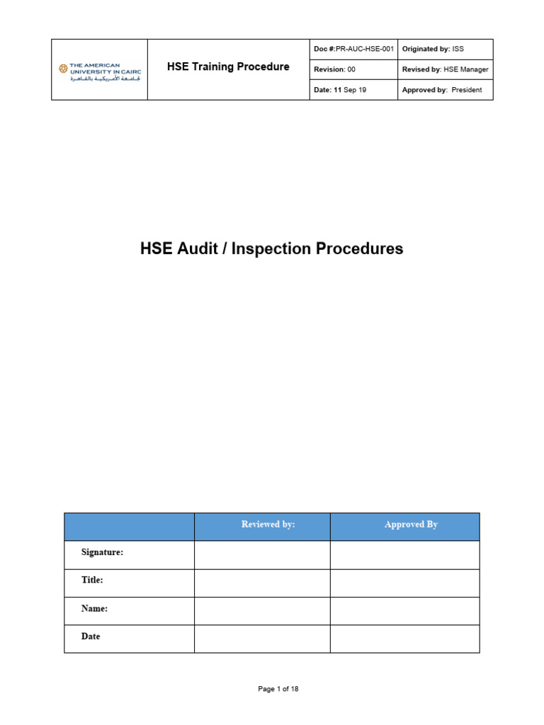 HSE Audit and Inspection Procedures | PDF | Audit | Occupational Safety ...