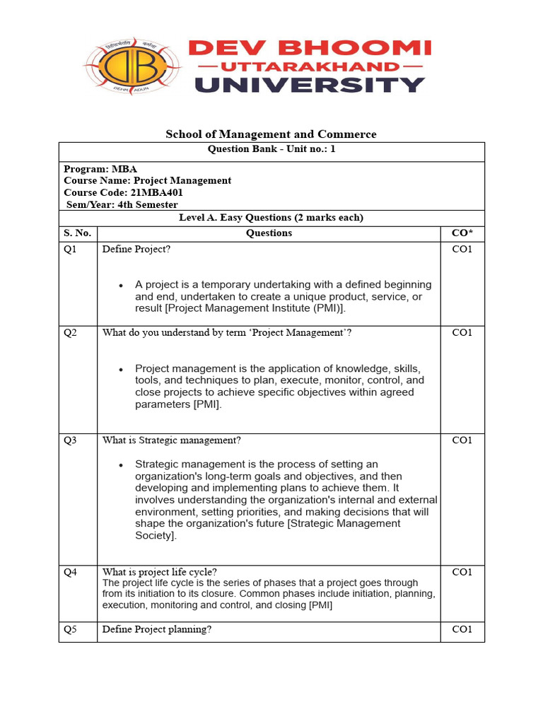 Project Manaement Solved Unit 1 | PDF | Project Management | Risk ...
