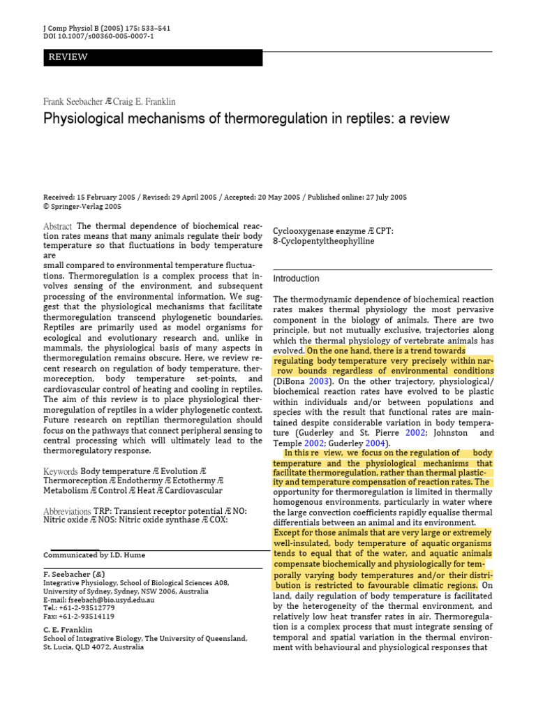 Physiological Mechanisms of Thermoregulation in Reptiles | Download