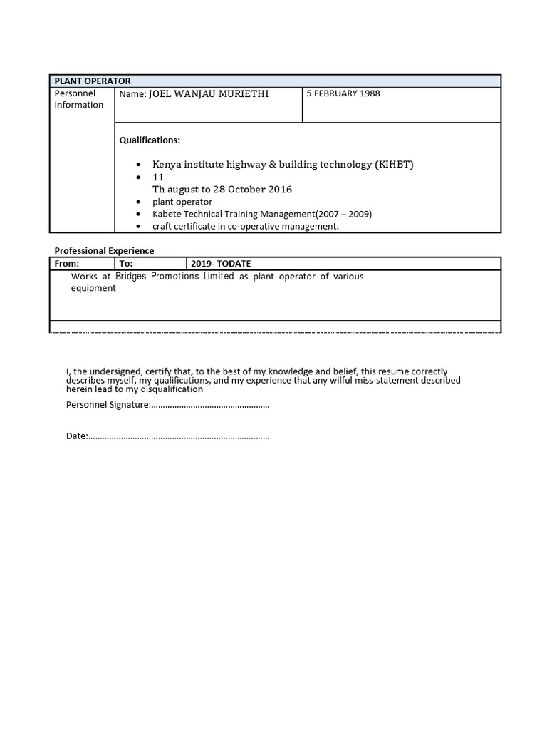 Plant Operator CV | PDF | Technology & Engineering