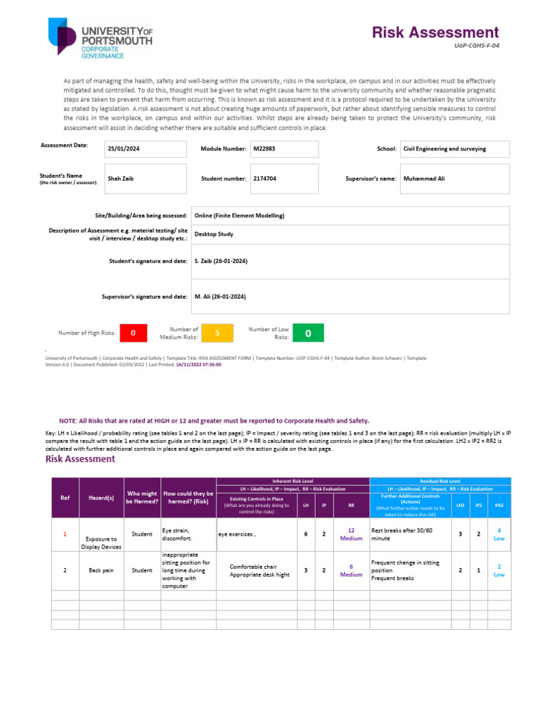 Risk Assessment: Uop-Cghs-F-04 | PDF | Risk | Risk Assessment