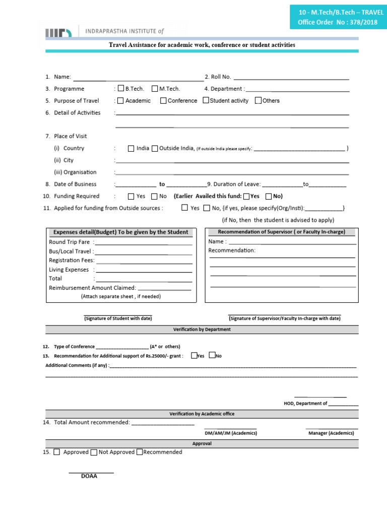 Travel Reimbrushment Form M.Tech & B.Tech - Revised-09092020 | PDF