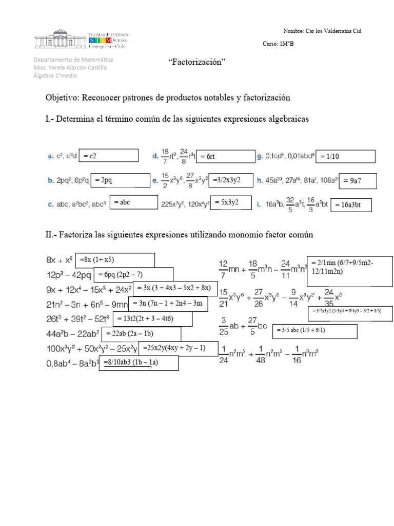 Factorización En álgebra Para 1 Medio Pdf Matemáticas álgebra