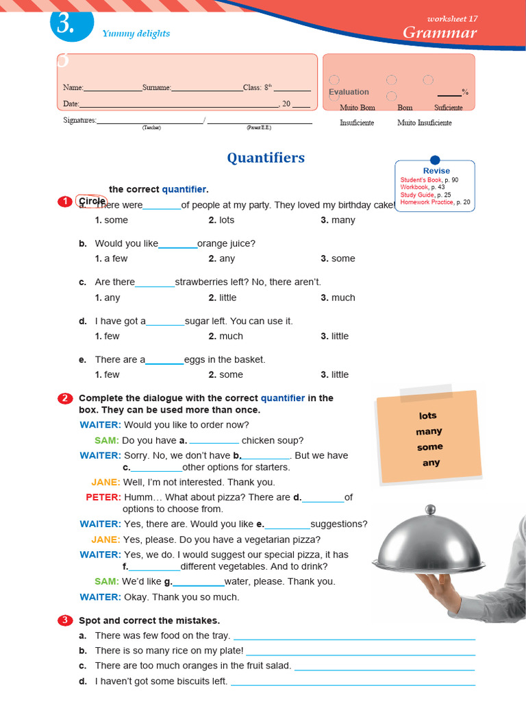 8th Grade Quantifiers Worksheet PDF Cuisine Foods