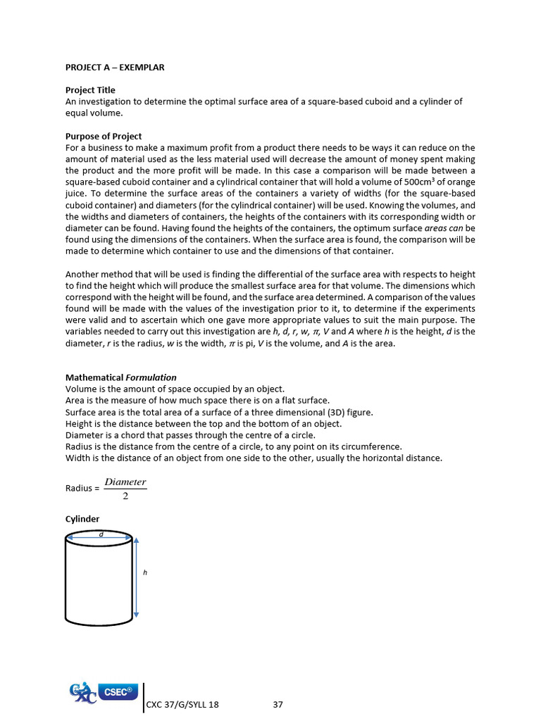Sba example from the csec add math syllabus pdf area volume