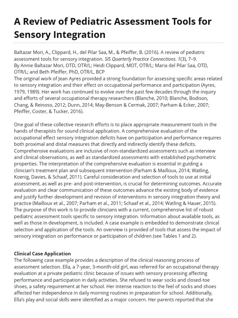 A Review of Pediatric Assessment Tools For Sensory Integration | PDF ...
