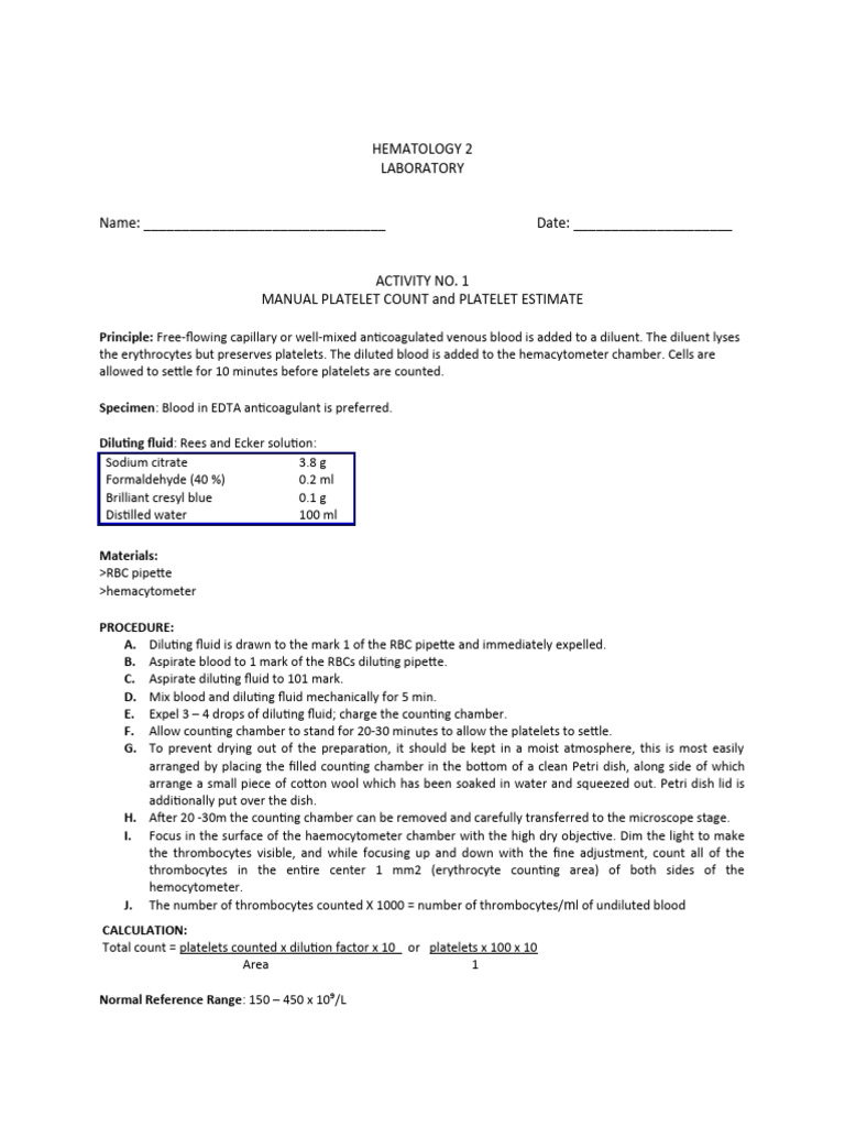 Act 1 hema2 manual platelet count and platelet estimate pdf