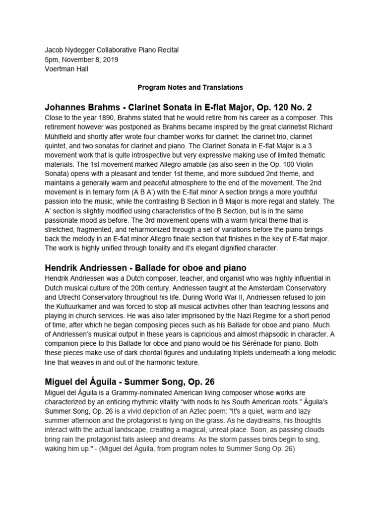Program Notes | PDF | Johannes Brahms | Sonata