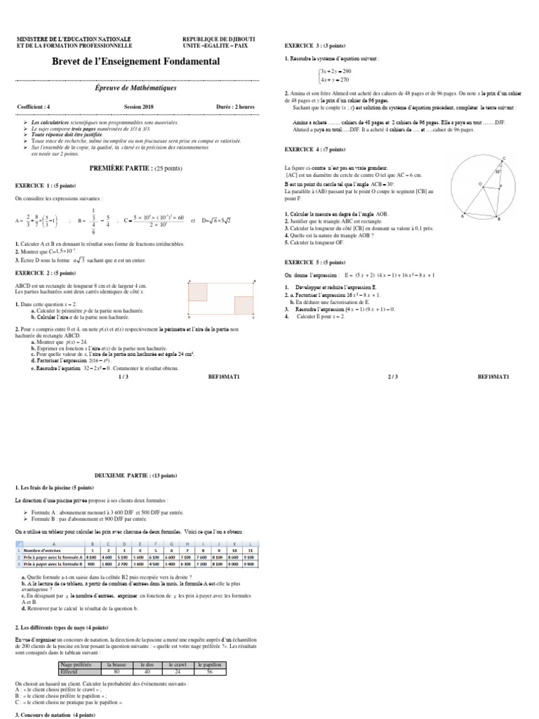 Sujet BEF Mathématiques Djibouti 2018 | PDF | Mathématiques