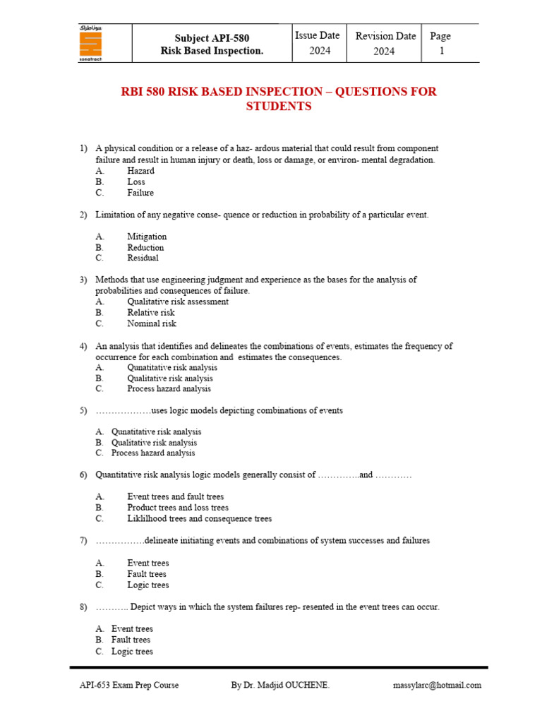 API-580 Risk Based Inspection Questions | PDF | Risk | Risk Management