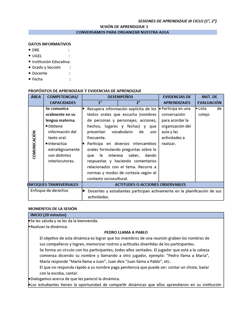 Sesiones de Aprendizaje para 1° y 2° Grado | PDF | Aprendizaje | Evaluación