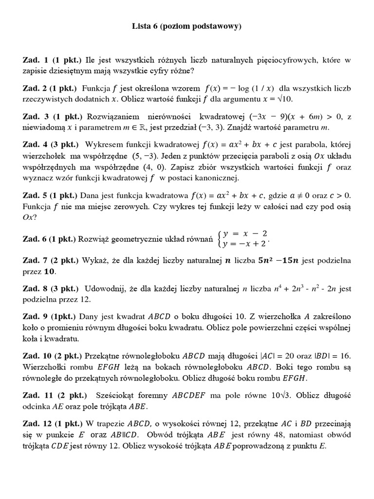 Lista 6 Poziom Podstawowy | PDF