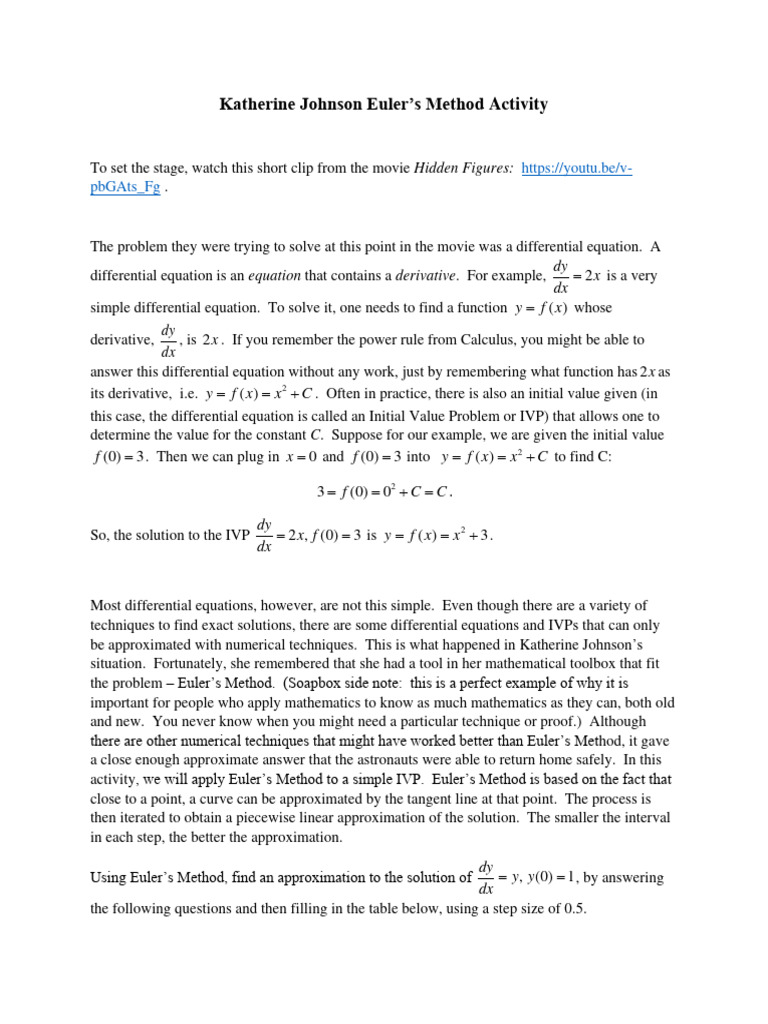 Katherine Johnson's Euler's Method Activity | PDF | Differential ...