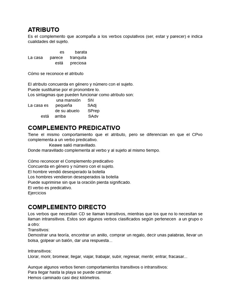 Atributo y Complementos en Sintaxis | PDF | Verbo | Asunto (gramática)