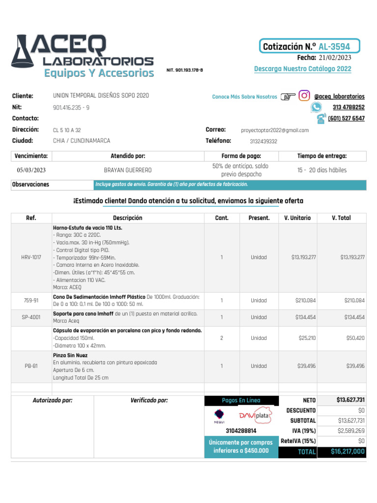 Cotización Horno-Estufa y Accesorios ACEQ | PDF
