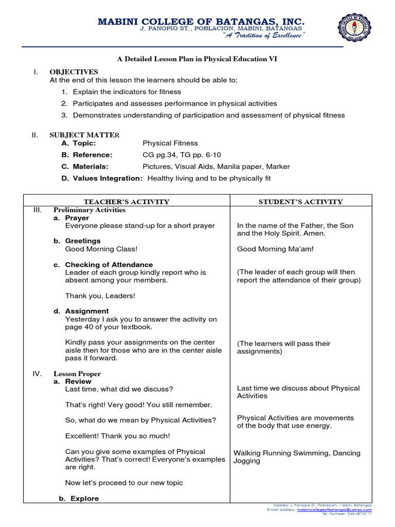 Grade 6 Physical Fitness Lesson Plan | PDF | Physical Fitness ...