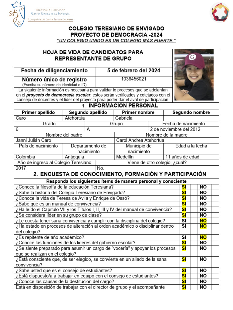 Hoja de vida de candidatos a representantes de grupo 2024 pdf