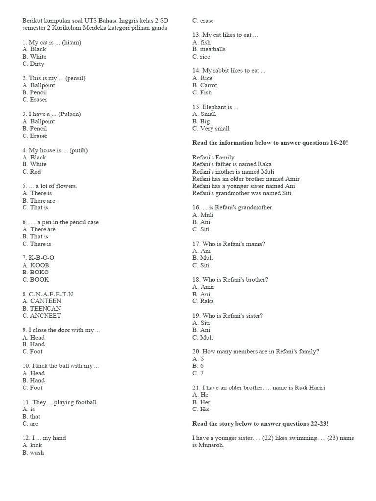 Soal Sts Kelas 2 Sdn 1 Pdf Stationery Writing Implements