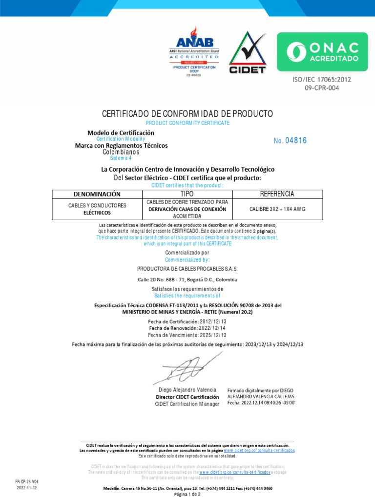 Certificado de Cables de Cobre PROCABLES | PDF | Electricidad ...