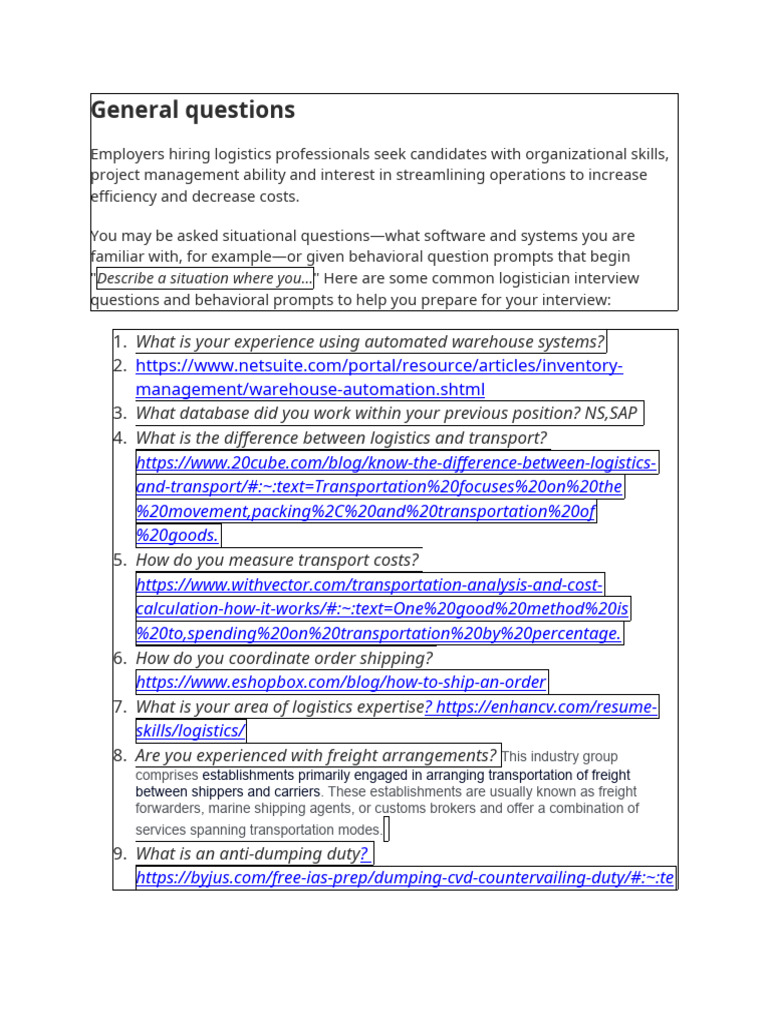 Logistics Interview Questions Guide | PDF | Supply Chain Management ...