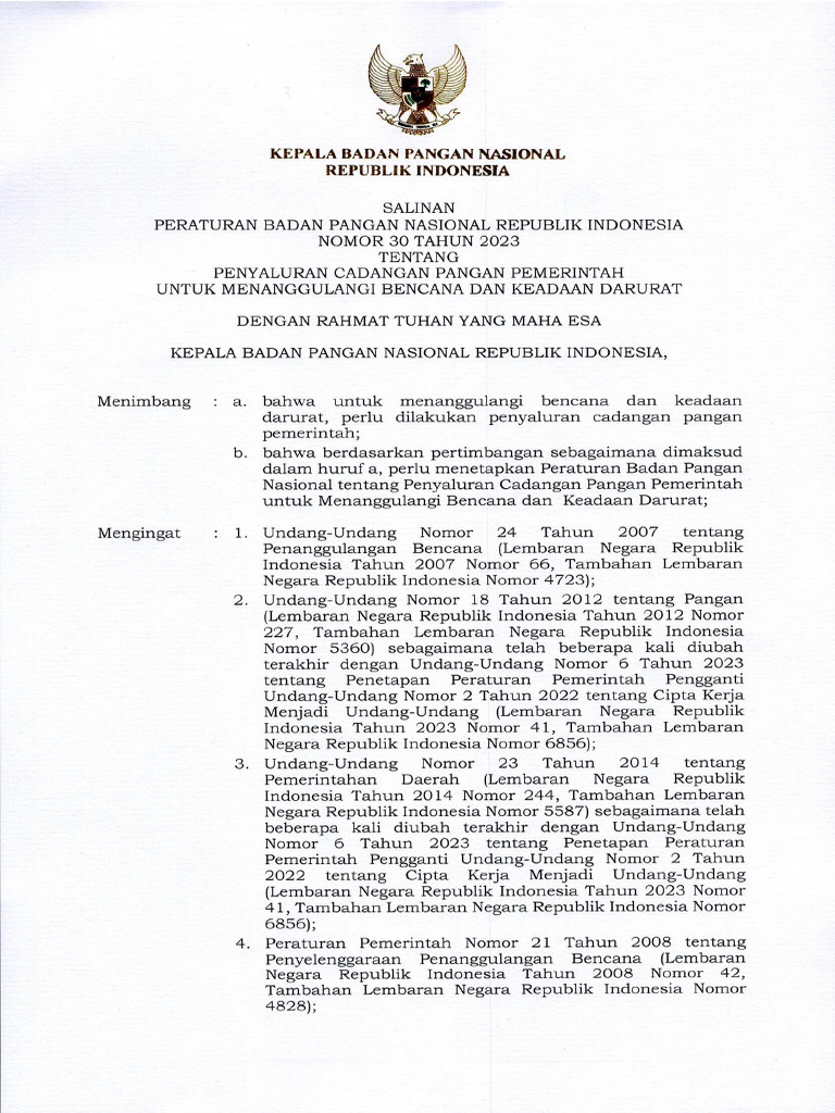 Salinan Perbadan 30 Tahun 2023 - Penyaluran CPP Untuk Bencana | PDF