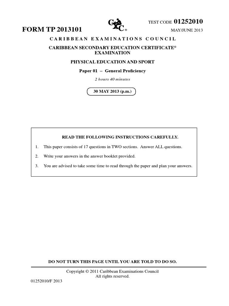CSEC PE - Sport June 2013 P1 | PDF | Anatomical Terms Of Motion | Obesity