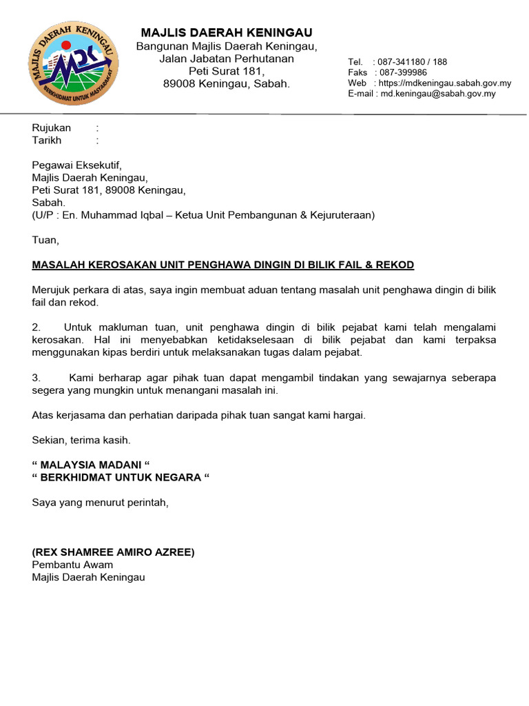 Surat - Masalah Kerosakan Unit Penghawa Dingin Di Bilik Fail & Rekod | PDF