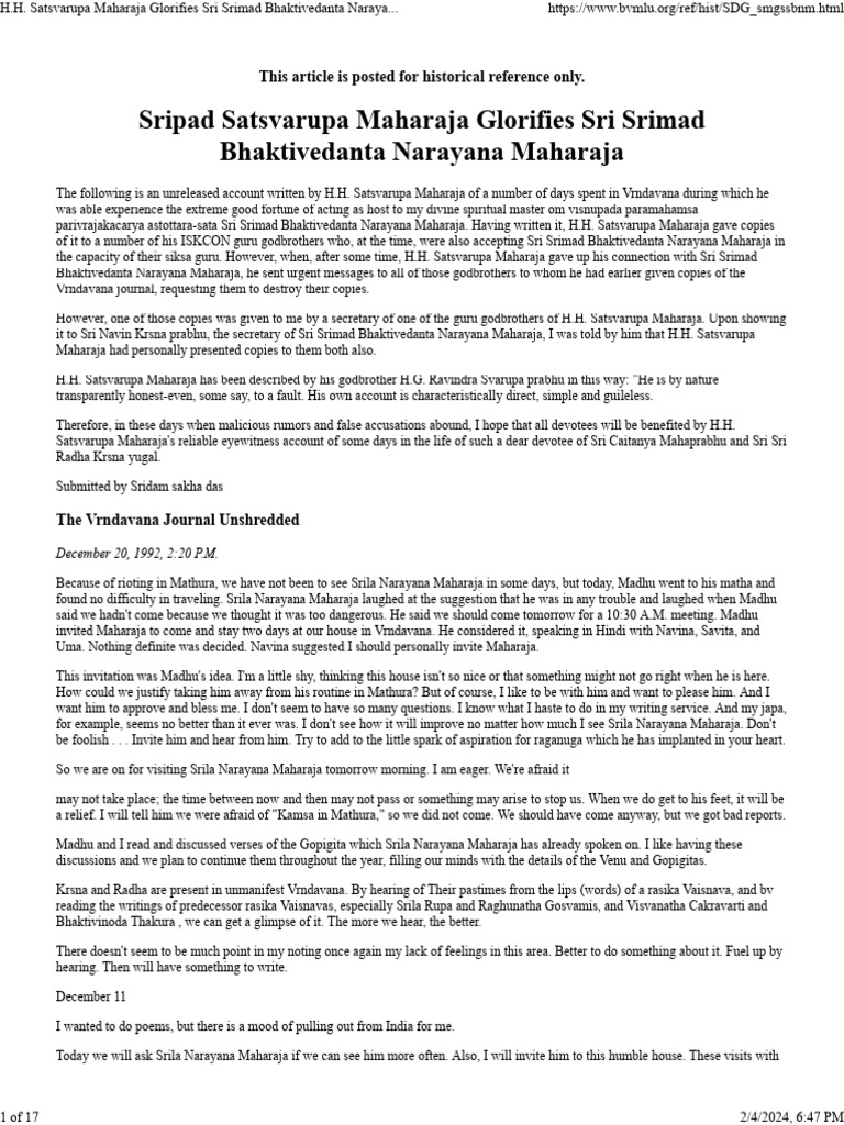 Srila Narayana Maharaja Letters H H Satsvarupa Maharaja Glorifies 