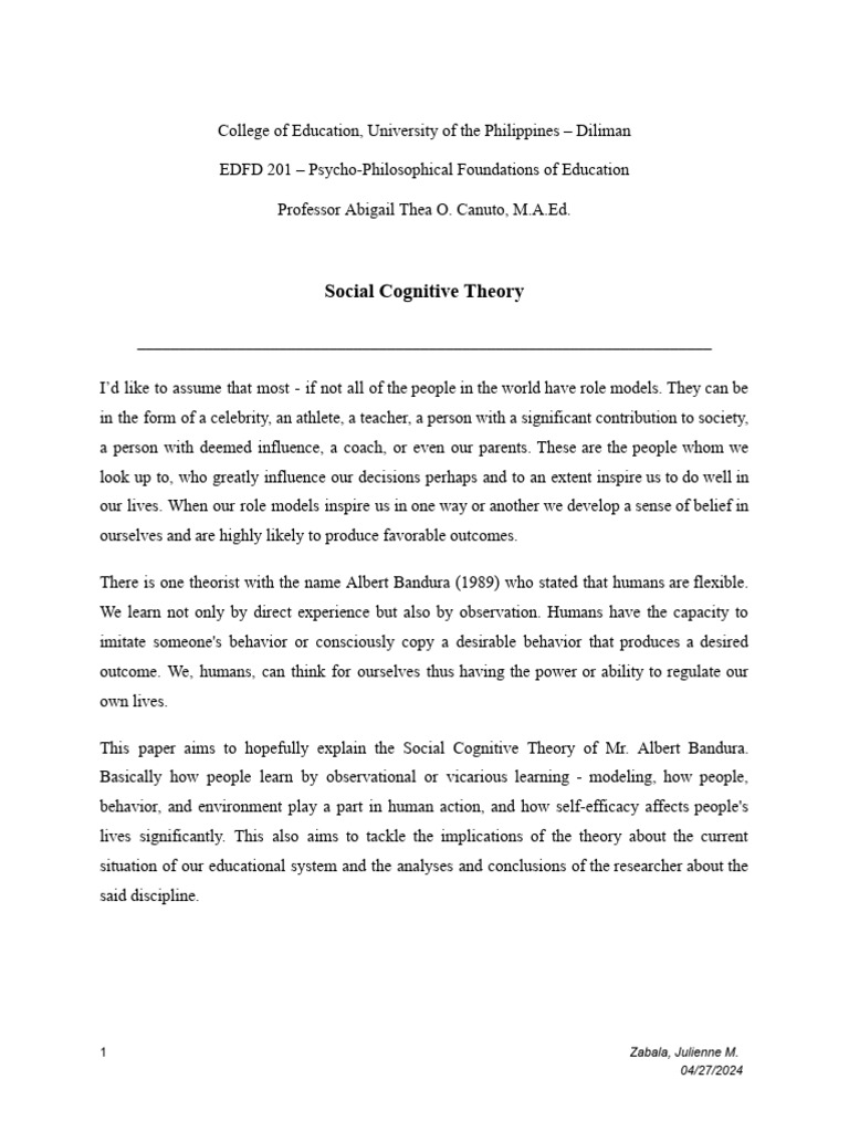 Understanding Bandura's Social Cognitive Theory | PDF | Self Efficacy ...