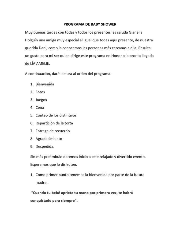 Programa de Baby Shower para Lía Amelie | PDF | Cocina, comidas y vino
