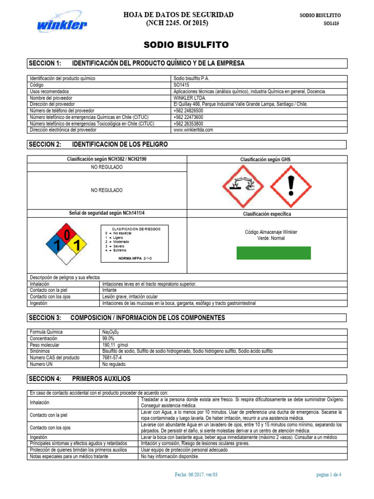 Hoja de Seguridad: Sodio Bisulfito | PDF | Agua | Combustión