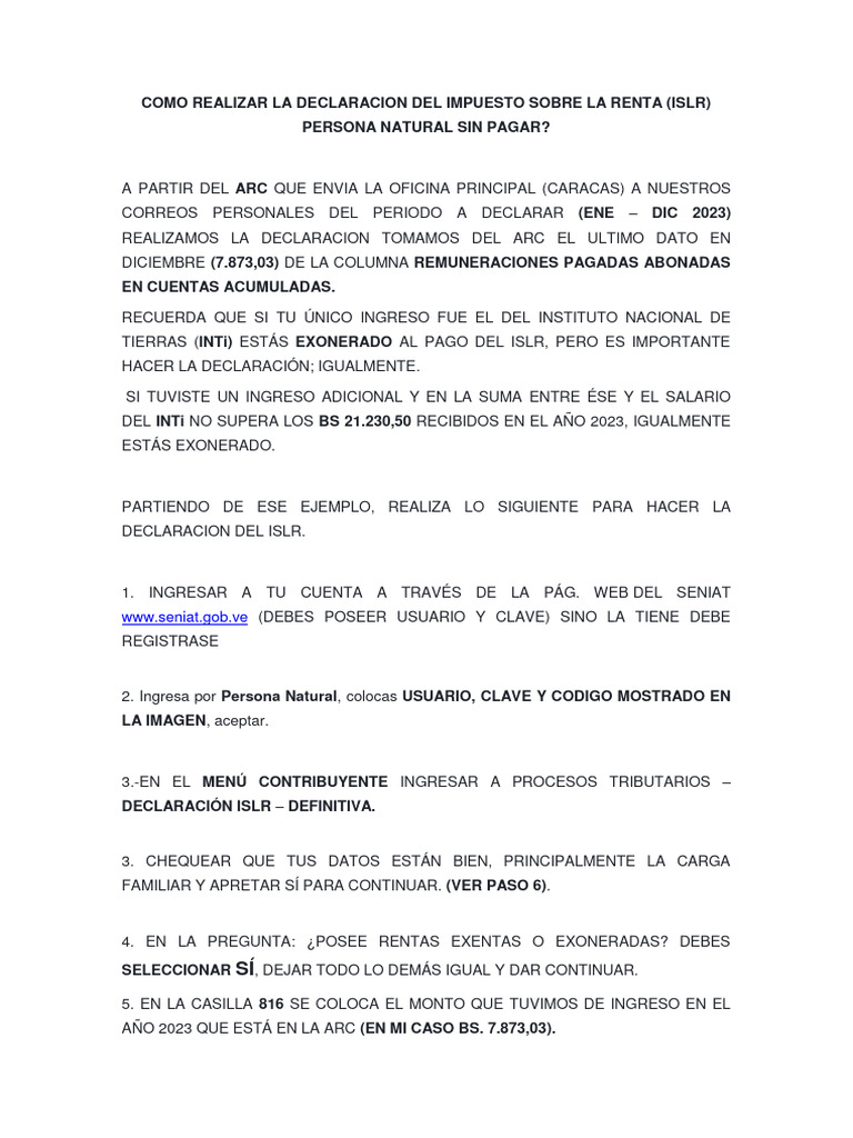 2023 Pasos para La Declaracion Del Islr Persona Natural Sin Pagar | PDF